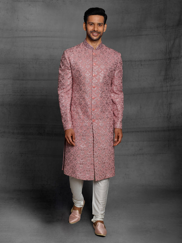 Royal Pink Sherwani With Mirror Work Embroidery