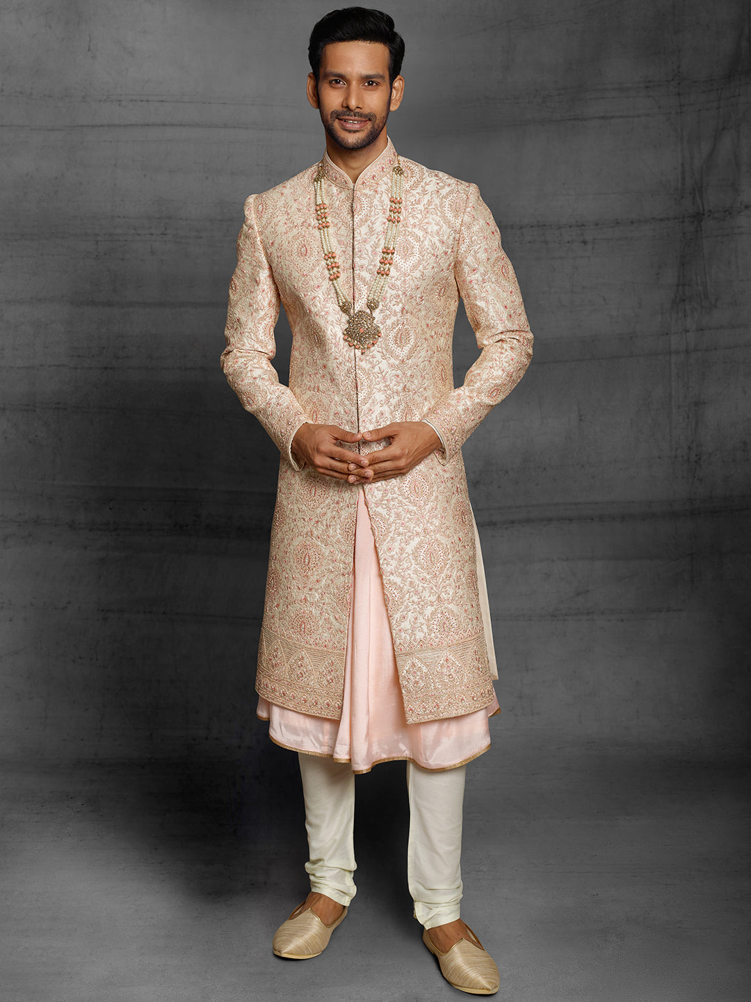 Peach Sherwani Set With Golden Embroidery – Suvidha Fashion