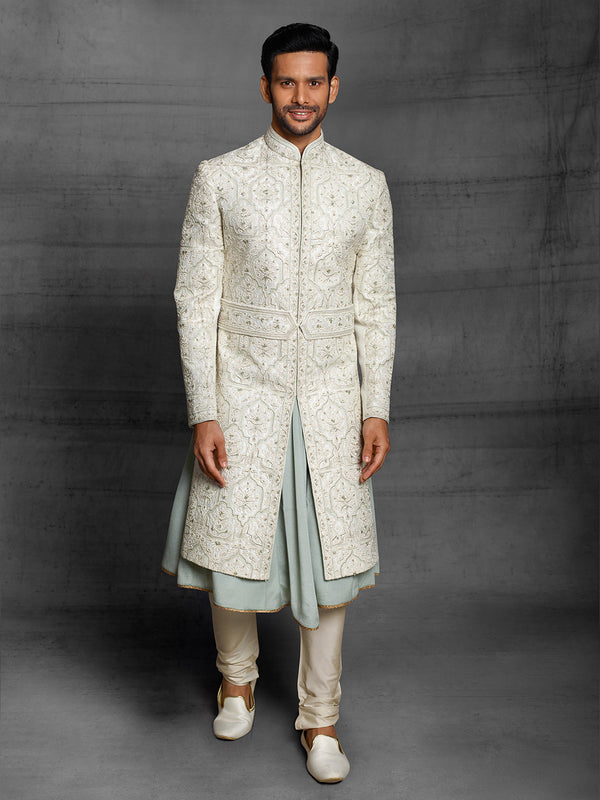 White and Light Blue Sherwani With Gilded Embroidery