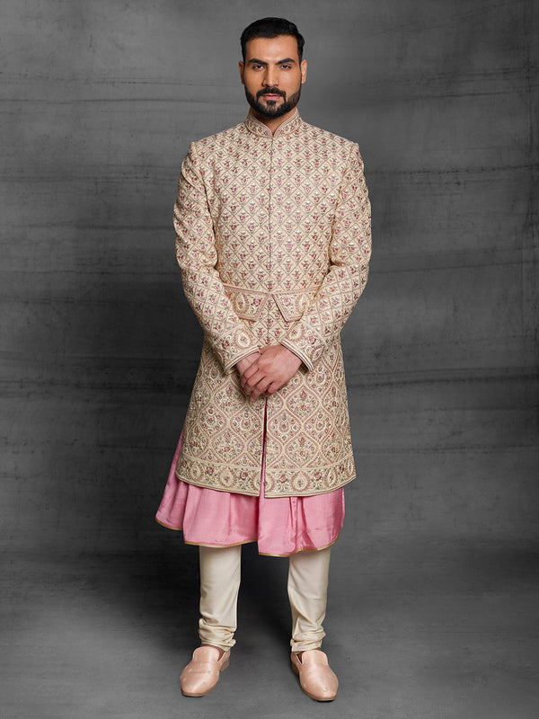 Stellar Pink and Off White Sherwani With Floral Embroidery