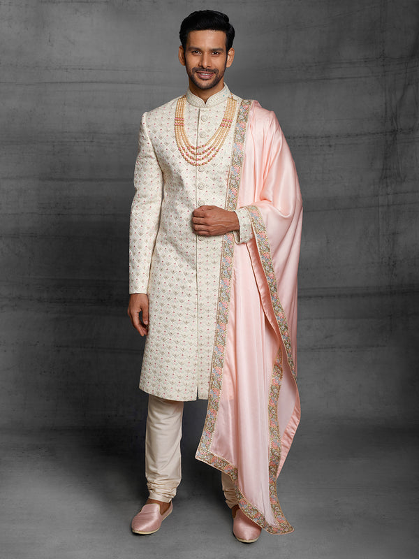 White Sherwani With Silk Drape
