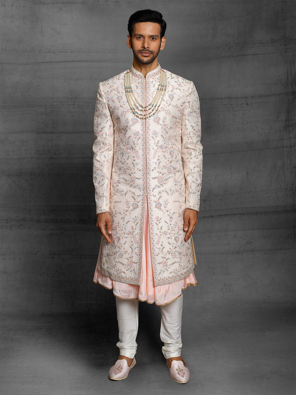 Classic White Sherwani With Multicolour Floral Embroidery