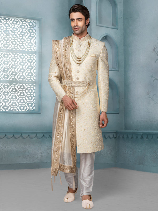Off White Debonair Mens Silk Sherwani With Rich Embroidery & Dupatta
