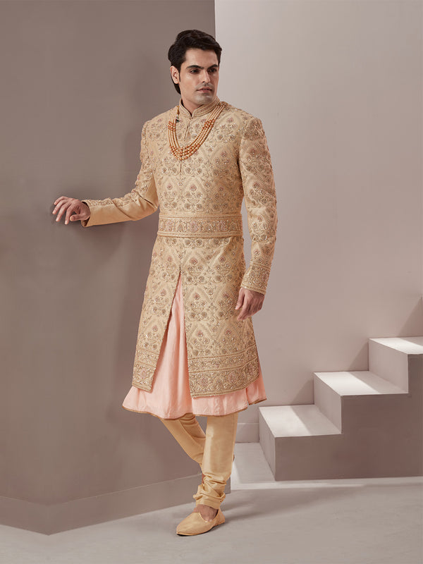 Charming Golden Handcrafted Sherwani with Baby Pink Undertone