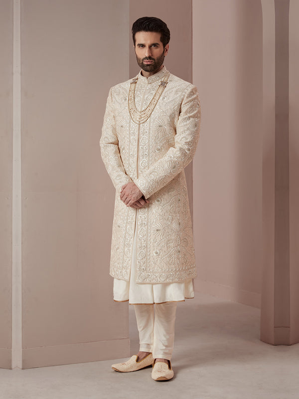 Elegantly Embroidered Sherwani in Off-White