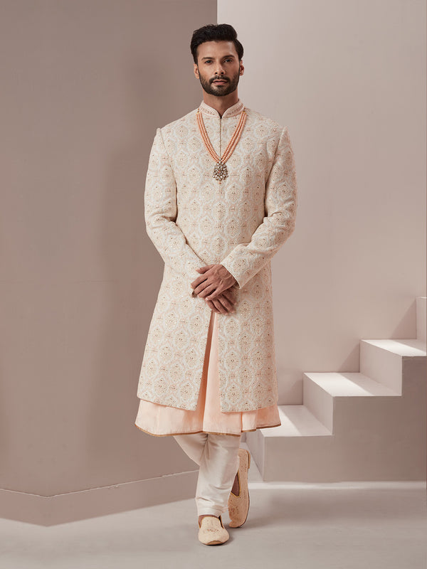 Peachy White Debonair Silk Sherwani with Royal Threadwork