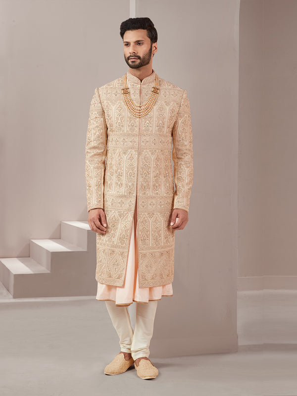 Coveted Cream Silk Sherwani with Ethnic Embellishment