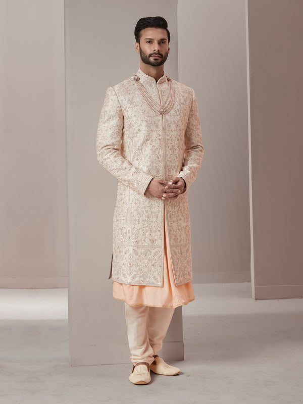 Designer Peach Undertone Sherwani with Regal Threadwork