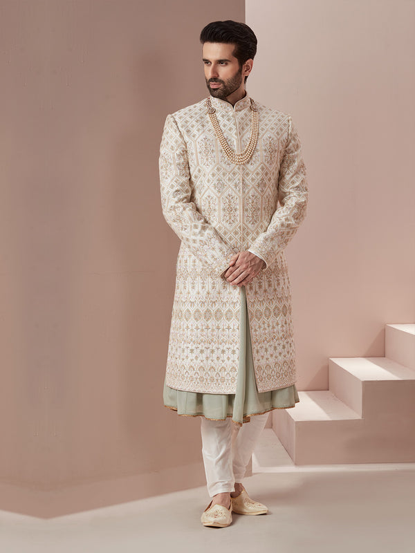 Slim Fit Pistachio Green Sherwani with Exquisite Embroidery