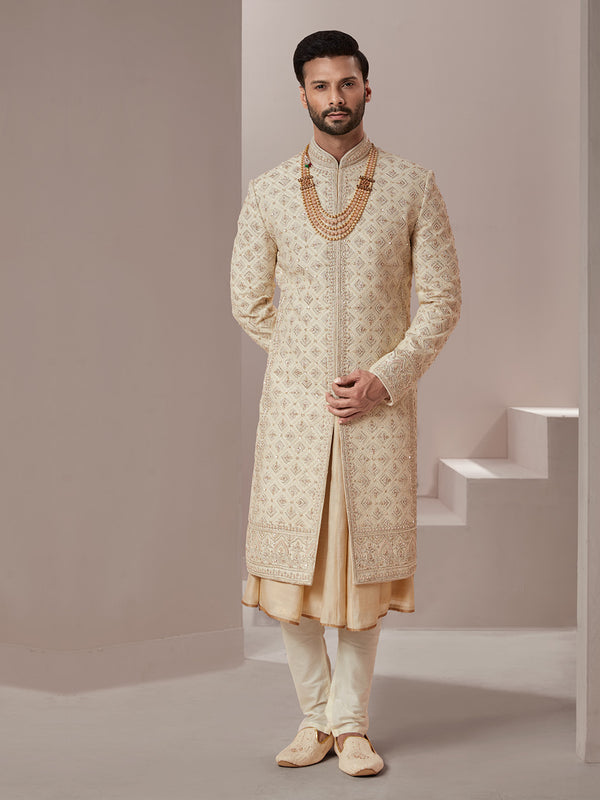 Men's Light Golden Stellar Silk Sherwani