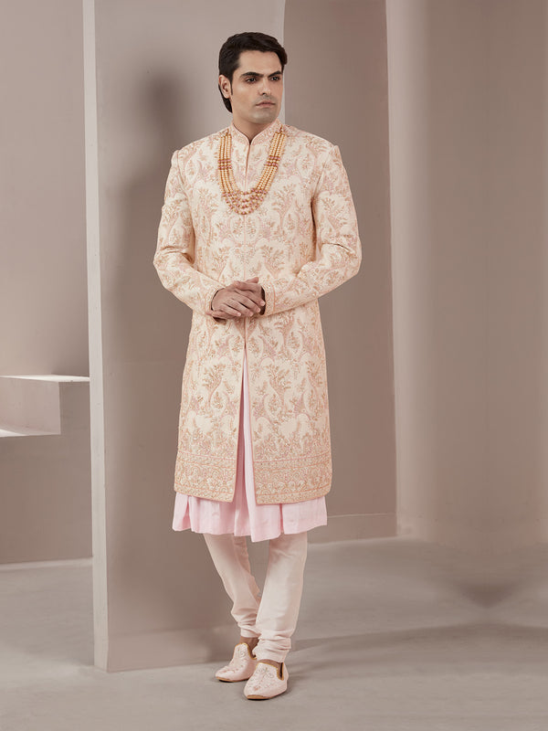 Contrasting Cream and Pink Floral Designed Sherwani