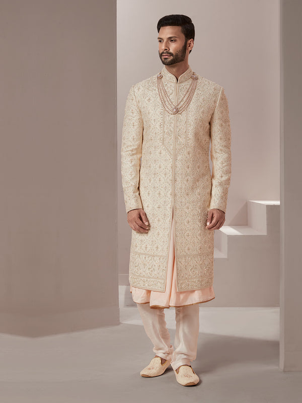 Mens Dapper Sherwani in Gold and Peach