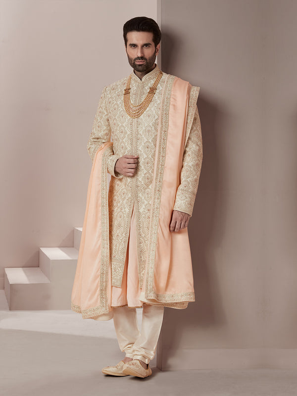 Voguish Cream Sherwani with Rich Embroidery