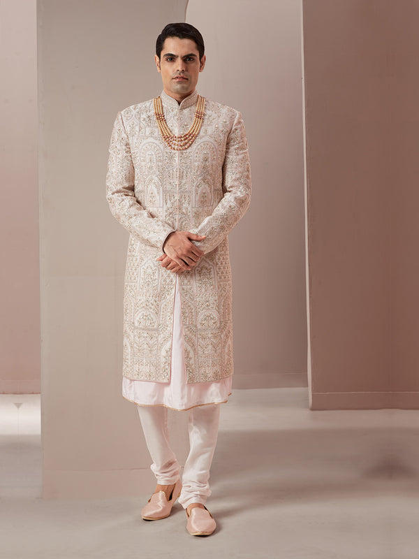 Classic Off-White Pink Sherwani Adorned with Exquisite Self Threadwork