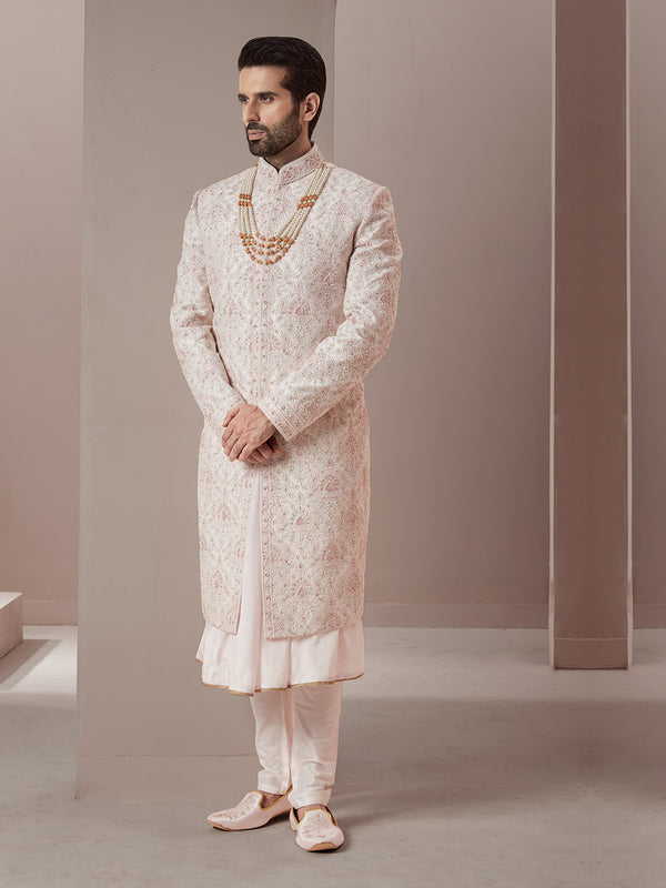 Heavy Threadwork Wedding Sherwani in Pinkish White