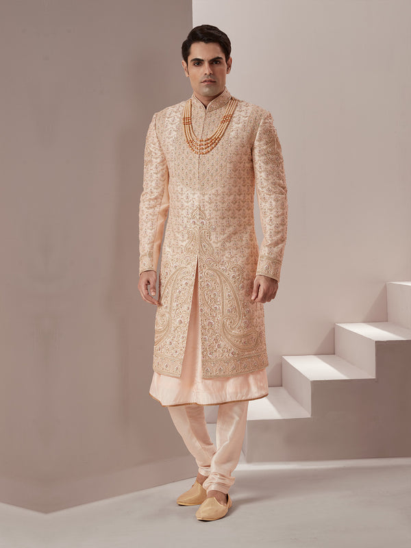 Men's Golden Sherwani with Elegant Paisley Design