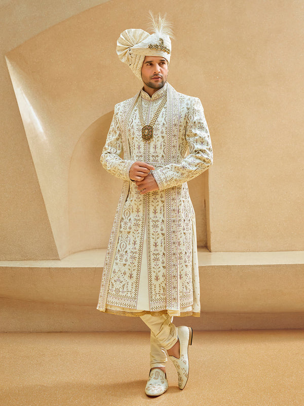 Majestic Cream Mens Designer Wedding Sherwani Set In Silk By Suvidha