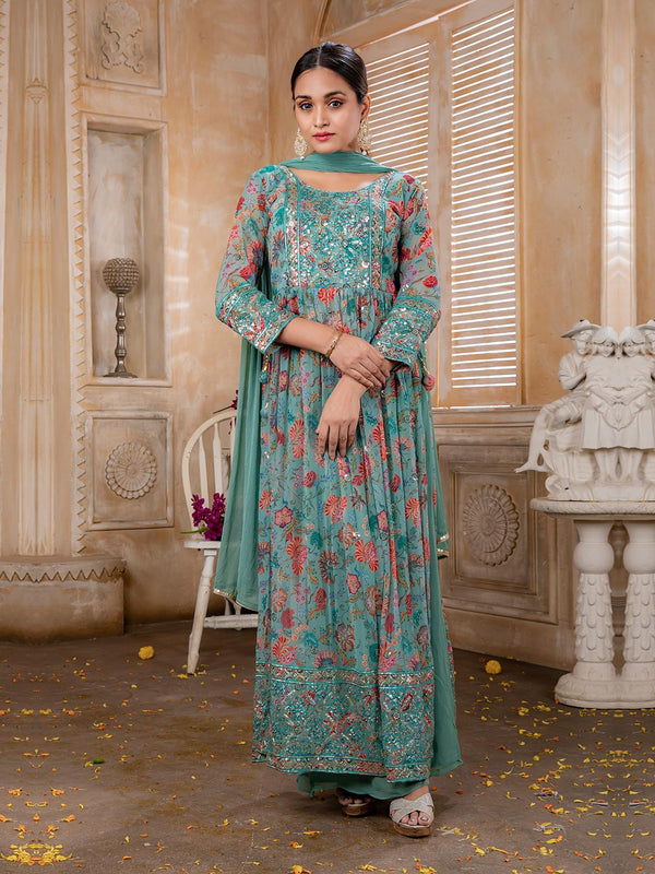 Mesmerizing Blue and Reddish Pink Florals Enriched with Fine Silver Work