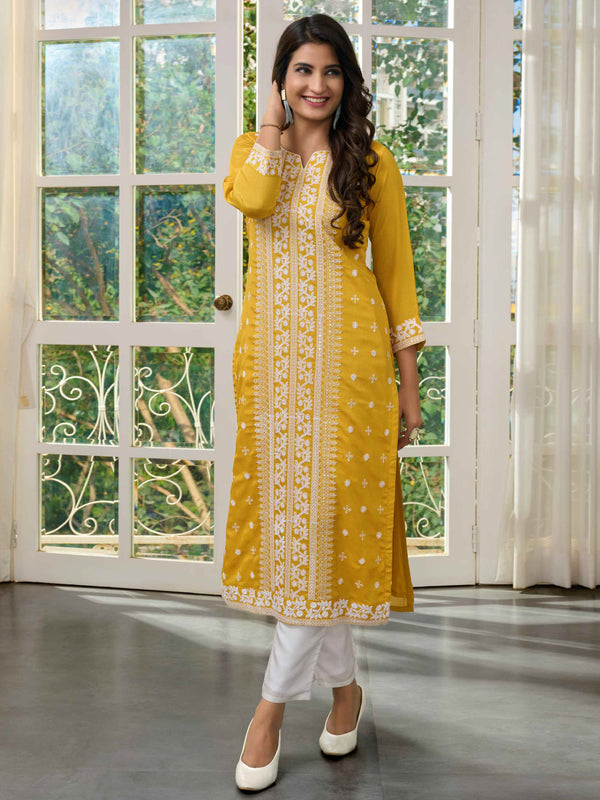 Bright Yellow Straight Kurti Enriched with White Embroidery
