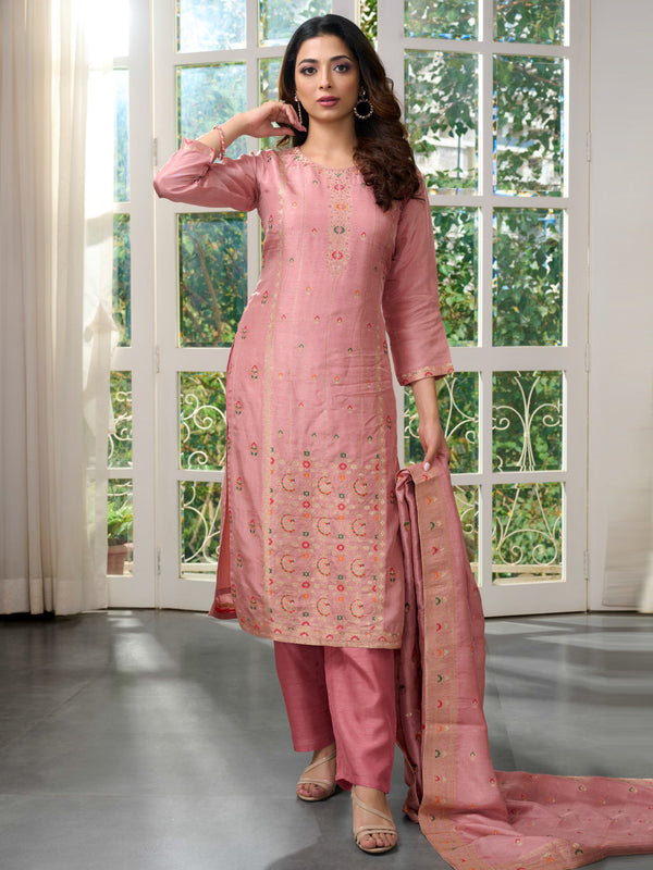 Lovely Pink Banarasi Dress with Multi-Coloured Paisley Print