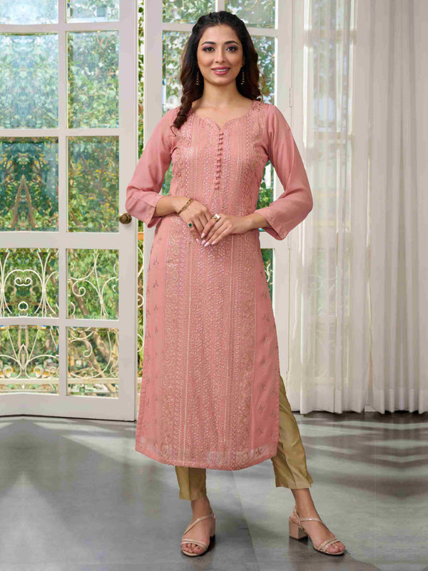 Women Long Kurta in Pretty Peachish Pink with Floral Threadwork all over