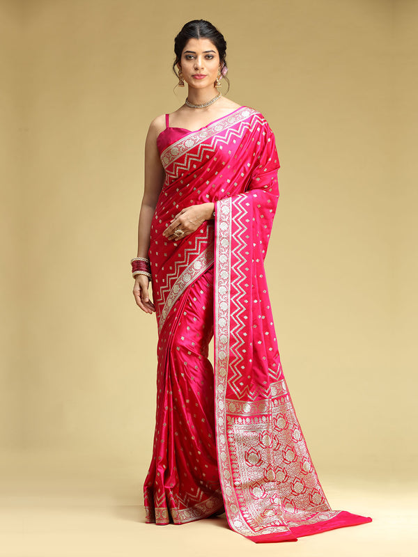 Magenta Pink Banarasi Silk Saree With Zari Border