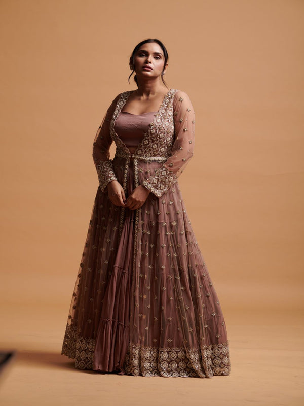 Floor Length Chestnut Coloured Gown With Net Jacket & Georgette Skirt