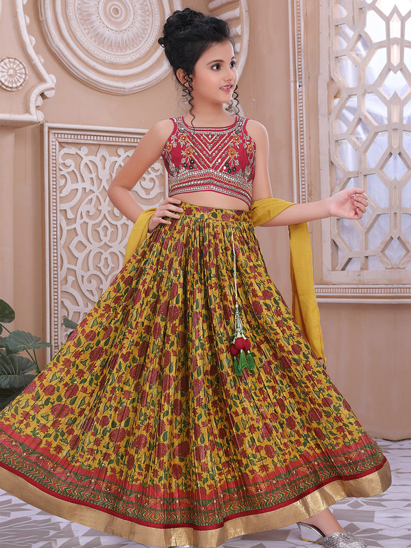 Unique Curhsed Silk Floral Lehenga in Mustard with Sleeveless Choli