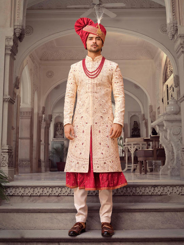 Charming Cream and Pink Handcrafted Sherwani for Men