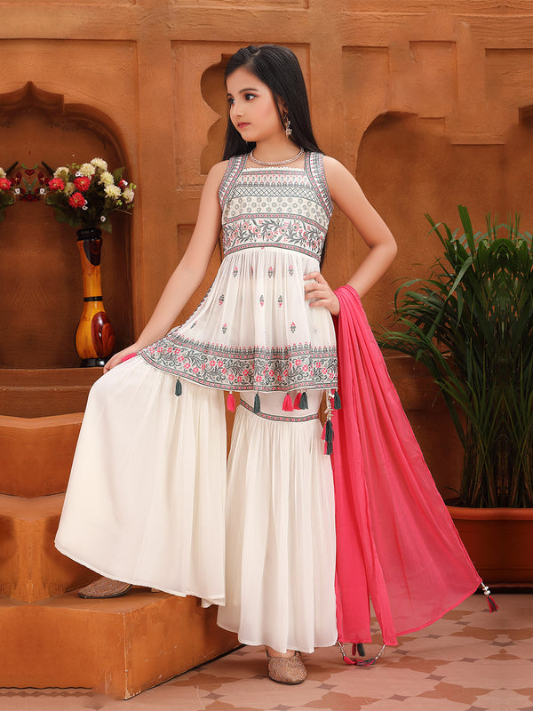 Princess Like Gharara Set in Cream for Girls Matched with Pink Dupatta