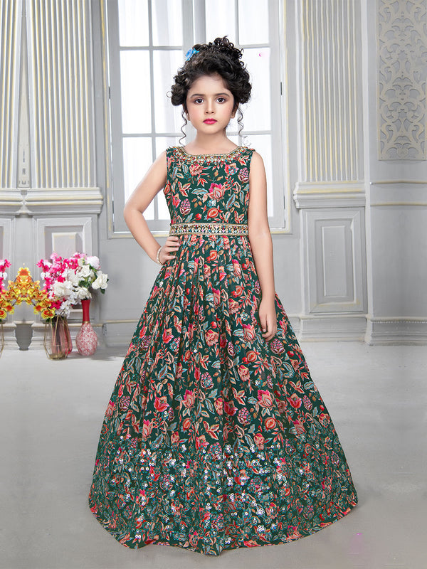 Fresh Floral Printed Dark Green Gown for Girls