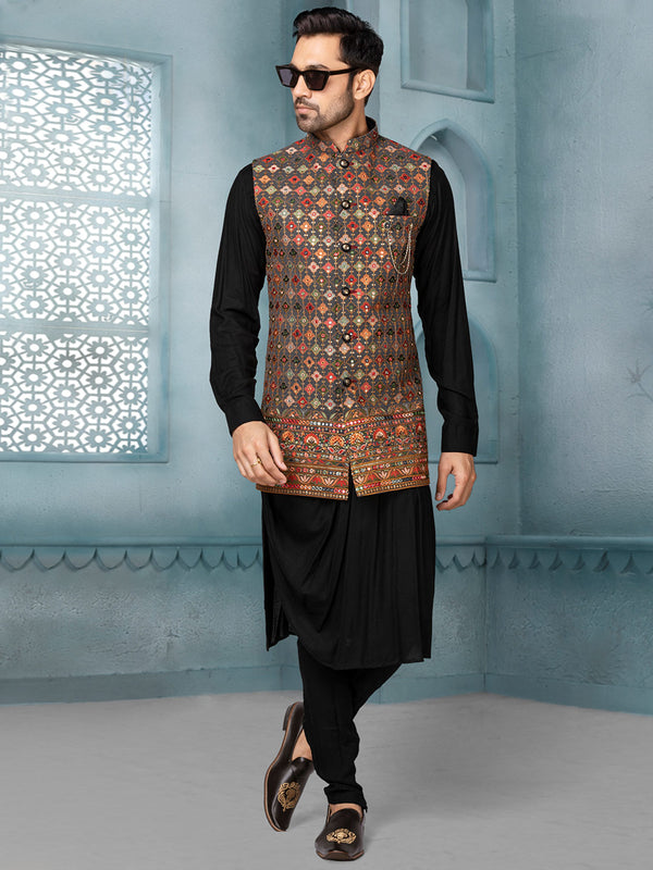 Mens Black Stylish Silk Indo Western Suit With Heavy Traditional Motifs
