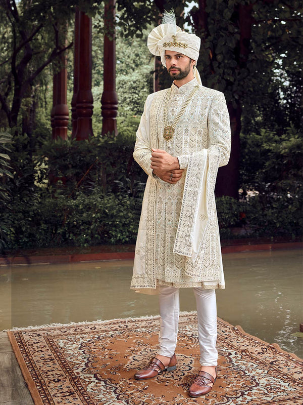 Cream Charming Mens Sherwani Set In Silk Adorned With Floral Embroidery & Chevron