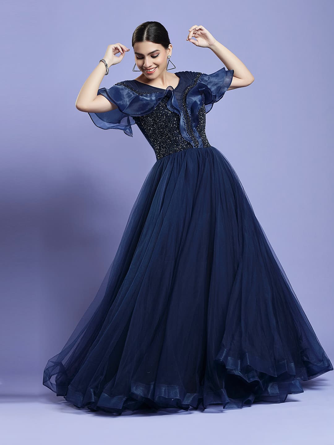 G435, Navy Blue Semi Off Shoulder Ball Gown, Size (XS-30 to XL-35) –  styleicon.in