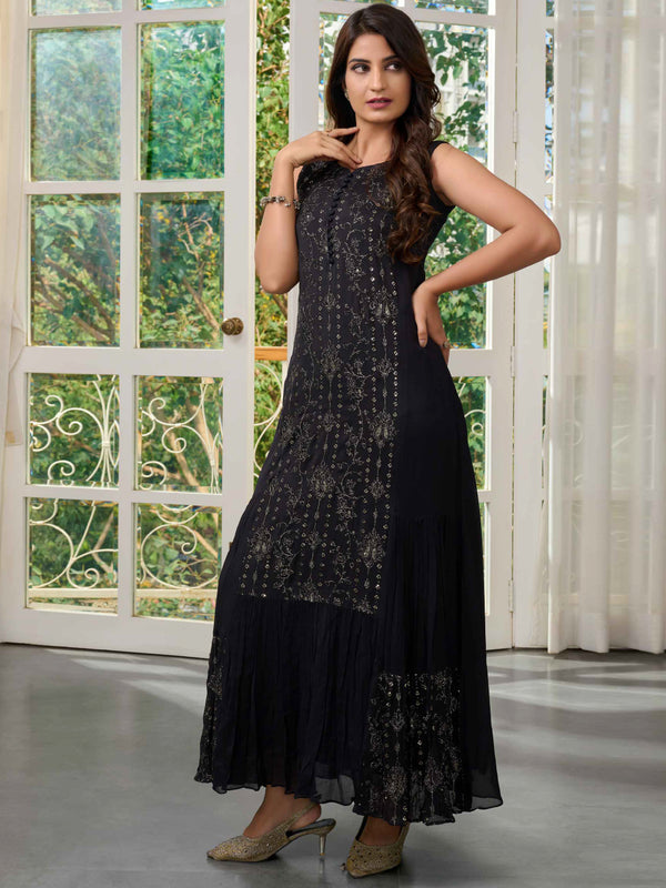 Stunning Black Long Ruffle Gown Kurti in Unique Threadwork Patches