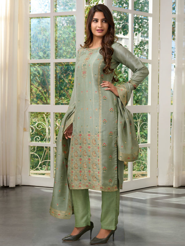 Sea Green Silk Pant Kurta Suit Adorned with Floral Zari Print