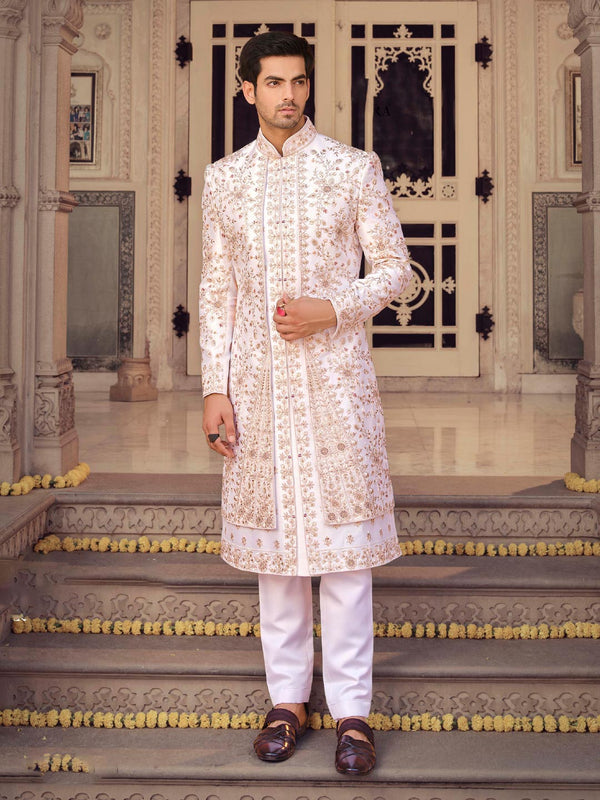 White Designer Sherwani Suit in Silk with Floral Motifs
