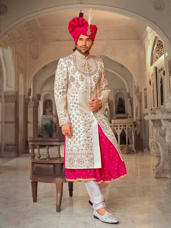 Slim Fit White Sherwani with Pink Undertone and Exquisite Golden Embroidery