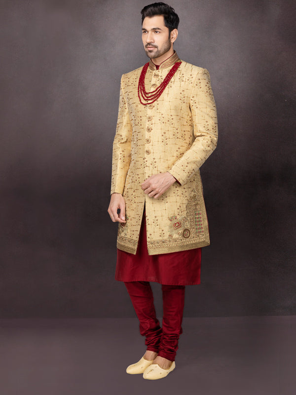 Color Coordinated Golden & Red Traditional Indian Mens Silk Sherwani