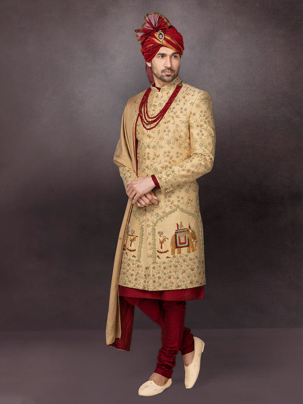 Refined Golden & Red Traditional Indian Mens Silk Sherwani