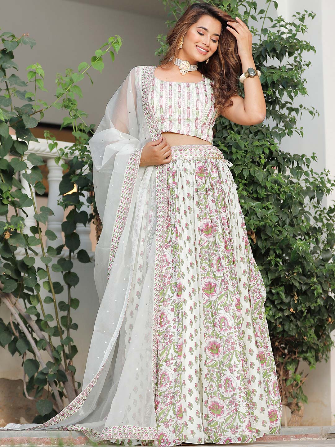 Exquisite White Floral Printed Lehenga With Tikki Work