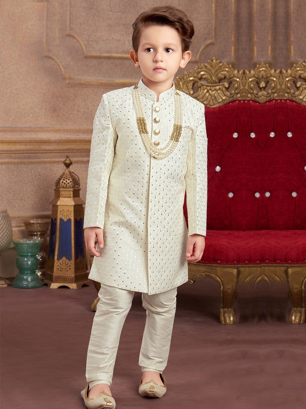 Magnificent Cream Silk Sherwani Set for Boys in Sleek Fit