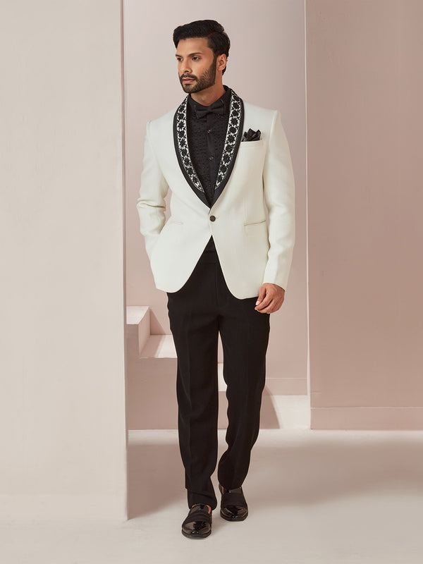 Monochromatic White and Black Silk Suit