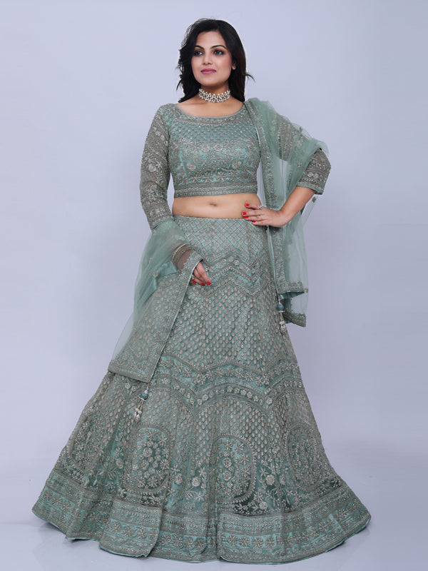 Teal Blue Royal Net Lehenga With Silver Ethnic Motifs All Over