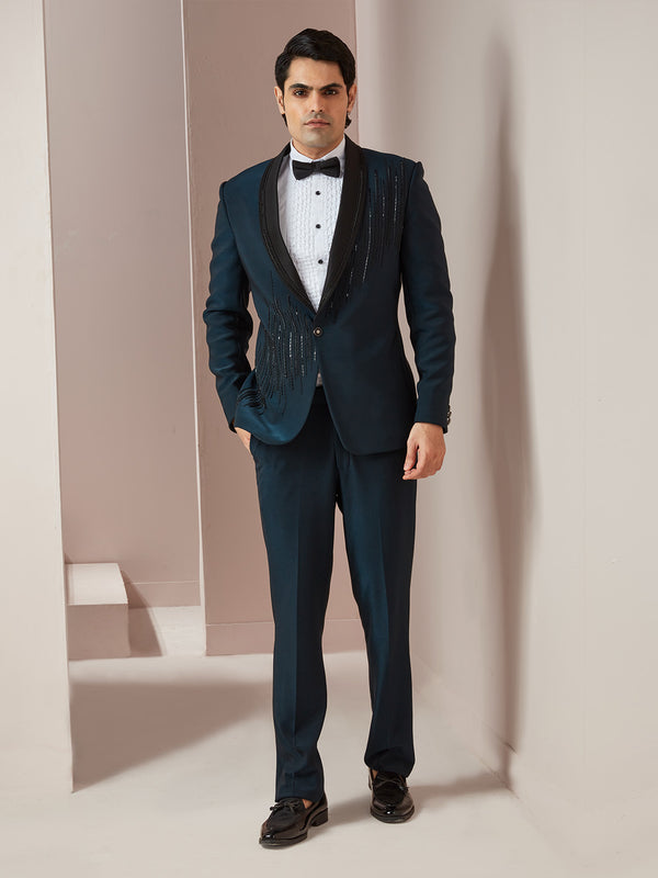 Elite Aegean Blue Sequenced Silk Suit For Men