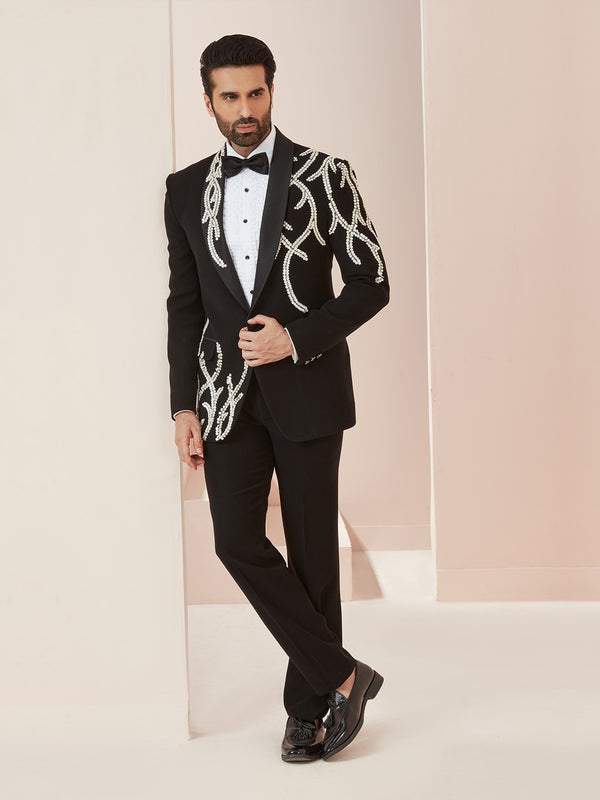 Smart Men's Designer Black Suit with White Work