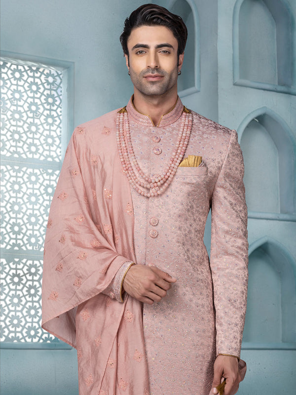 Suave Light Pink Mens Silk Ethnic Wear With Rich Embroidery All Over