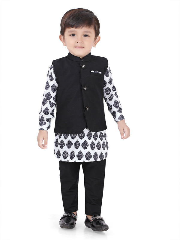 Monochromatic Black and White Printed Bandi Kurta Set for Boys