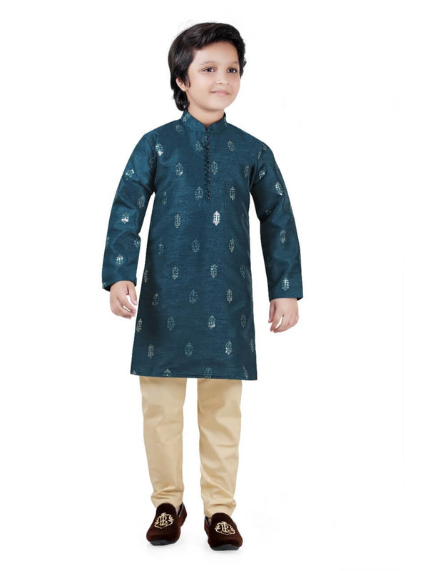 Boys Peacock Blue Embellished Kurta Match with Off-White Pyjama