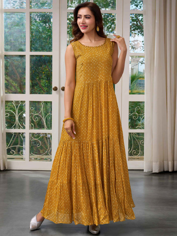 Mustard Yellow Long Anarkali Style Printed Gown